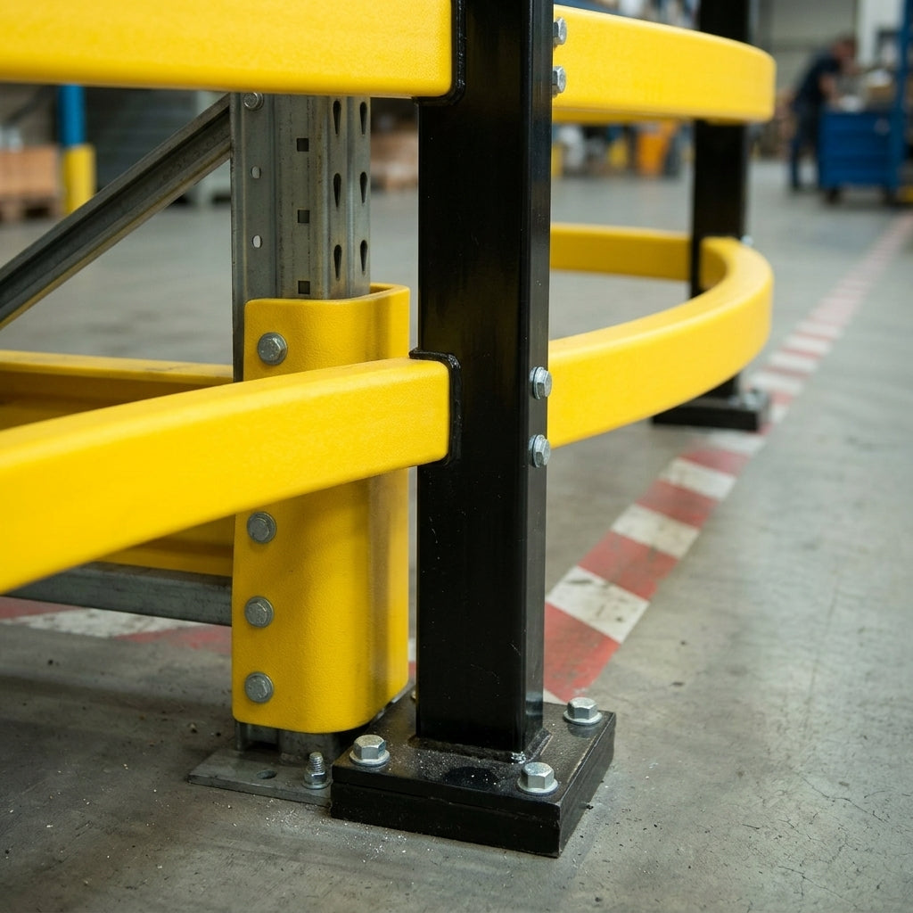 Hybrid steel and polypropylene impact protection railing system (view 2)