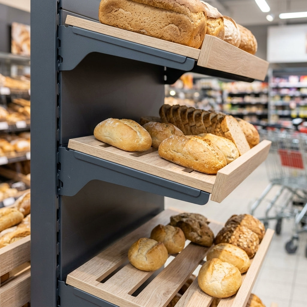 Wooden bakery display with risers – 665–1250mm widths (view 2)