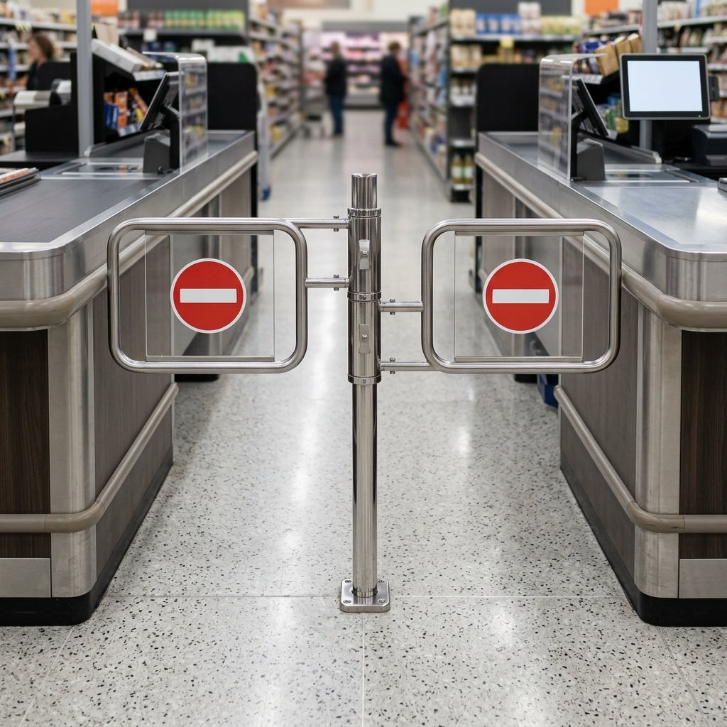 Tandem manual mechanical swing gate for checkout areas