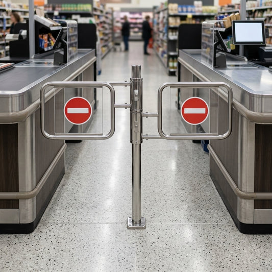 Tandem manual mechanical swing gate for checkout areas