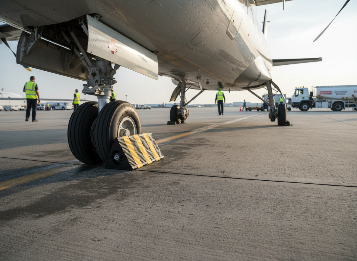 Premium Heavy Duty Aircraft Wheel Chock with Steel Handle, 170mm x 150mm x 350mm Dimensions and 8kg Weight for Safe Aircraft Parking