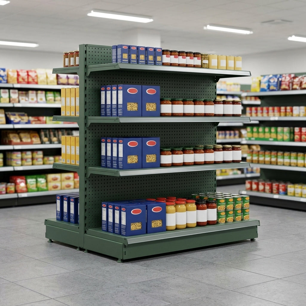 2.4m High Double-Sided Gondola Bay | 300mm Base Shelf | 250mm Uppers