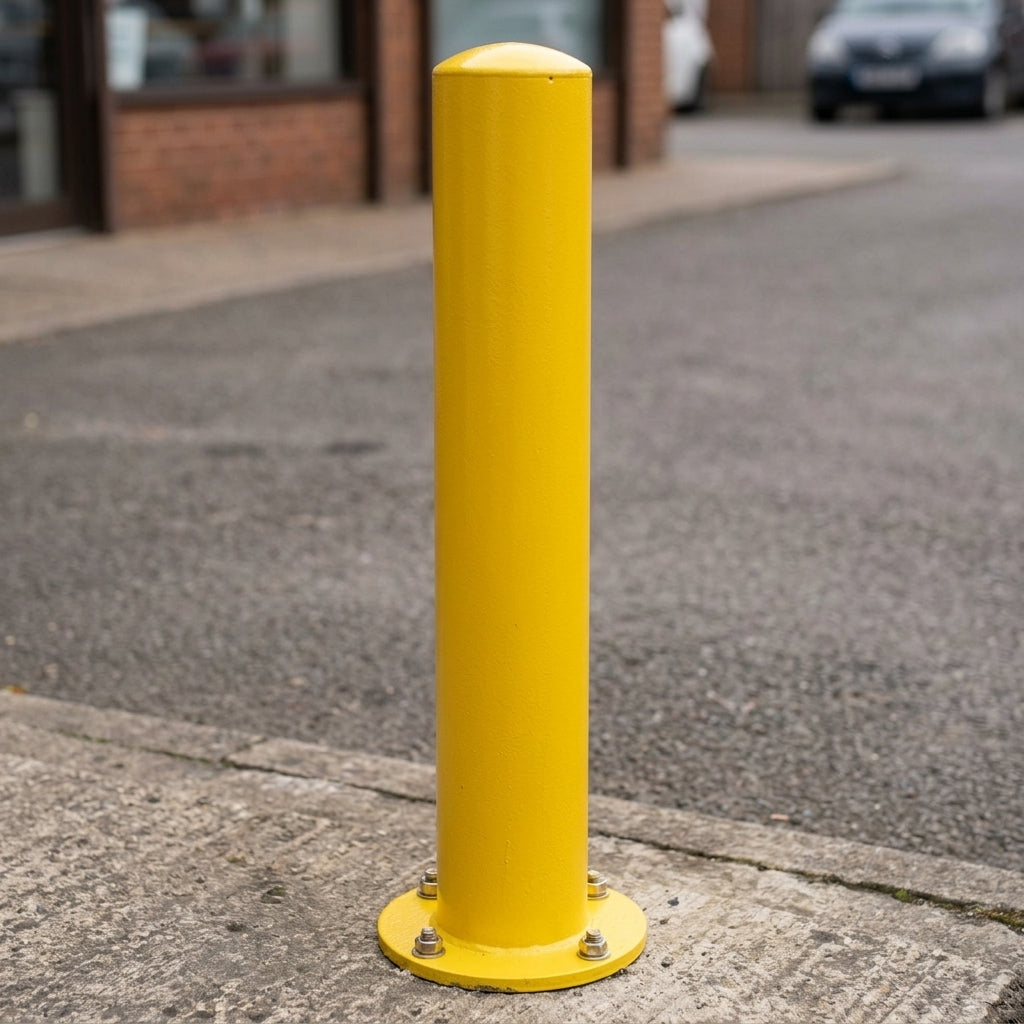 750mm yellow galvanised mild steel bollard with cap (view 2)