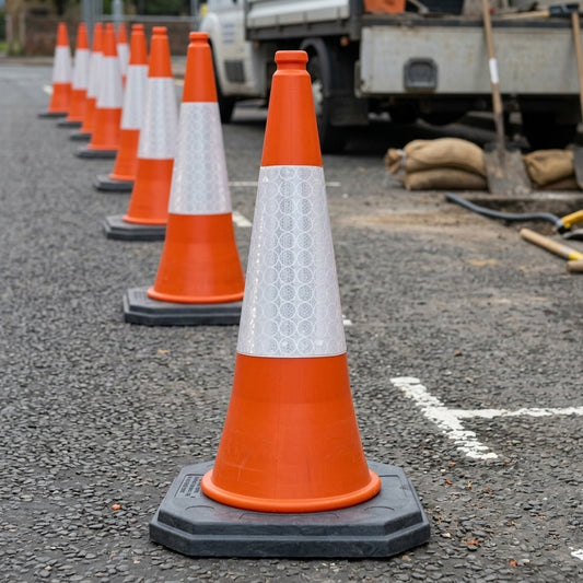 Two-part traffic cone with reflective sleeve and ballast base
