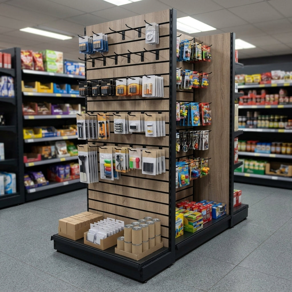 1.8m Wood Effect End Bay Display – 570mm Base Shelf