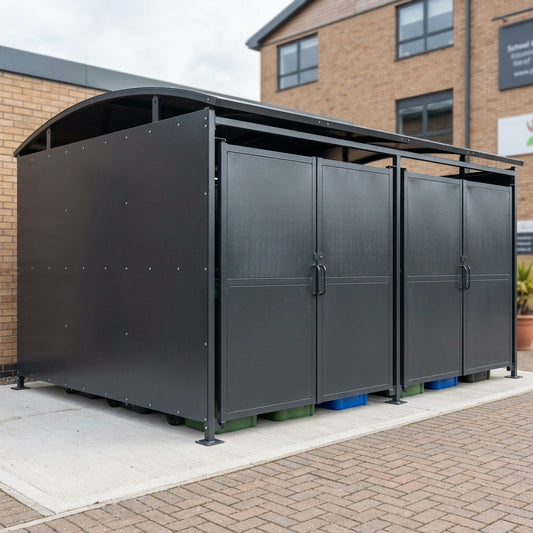 3m wide galvanised steel bin shelter with lockable clad gates