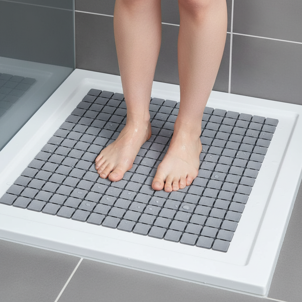 Premium Heavy-Duty Non-Slip Shower Mat with Suction Cups, Anti-Mould, 54x54 cm, Grey for Maximum Safety and Comfort