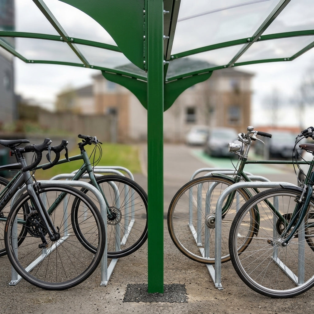 24-cycle shelter with steel frame and UV-protected roof (view 2)