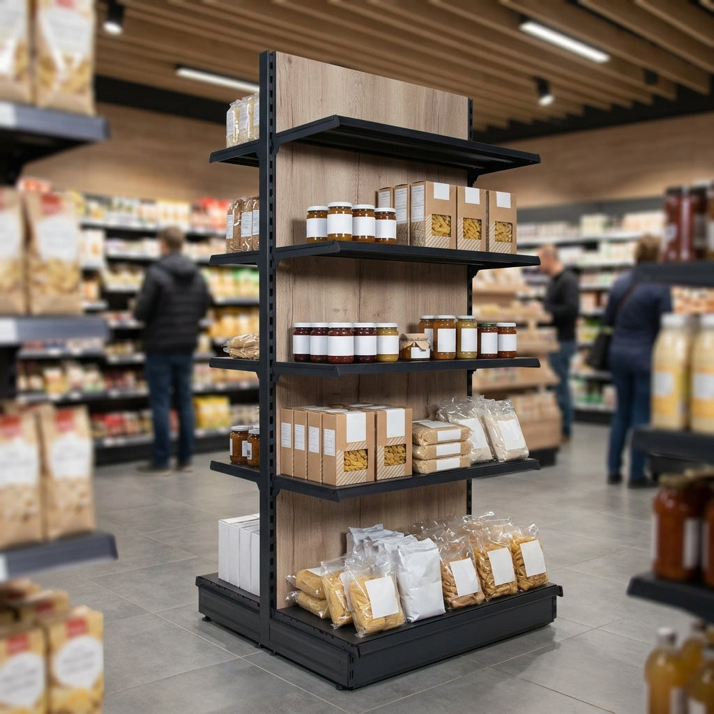 2.1m Double-Sided Gondola Shelving Bay, Wood Effect, 570mm Base