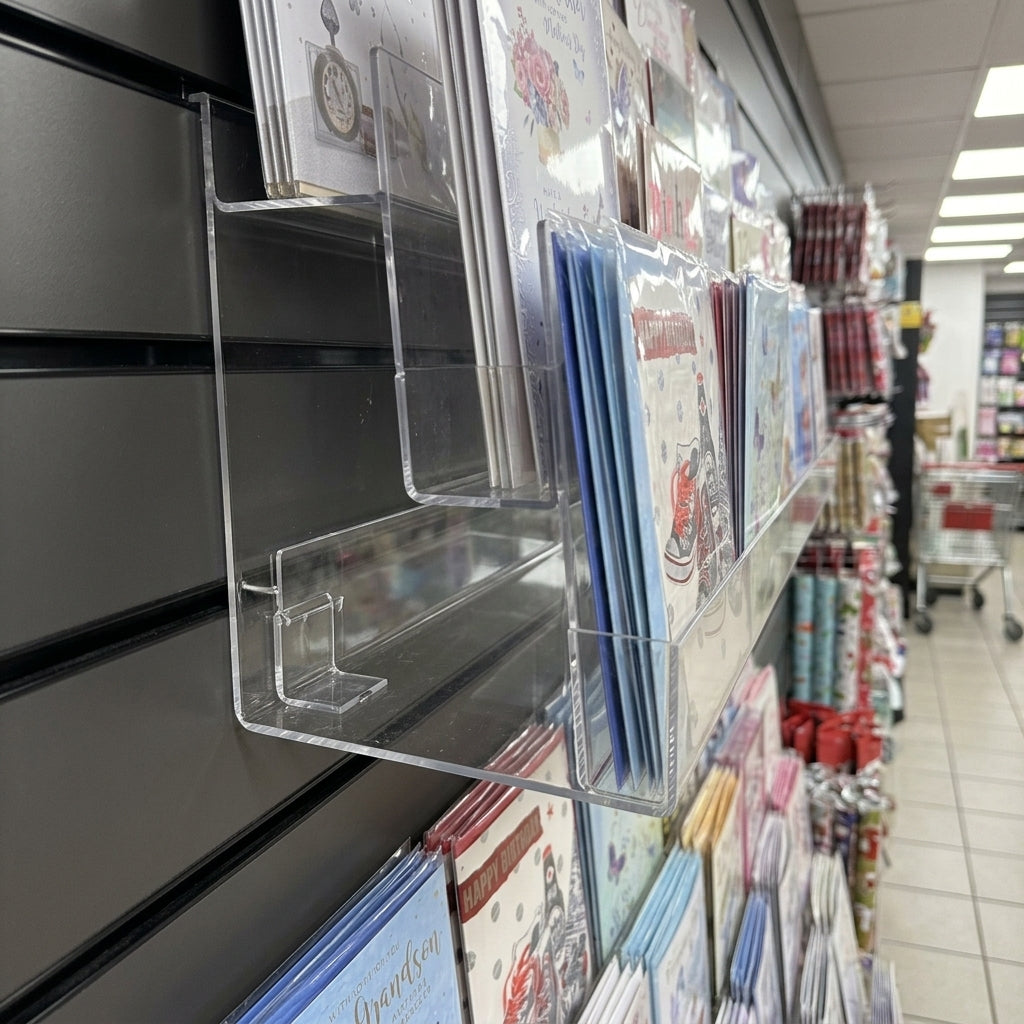 4-tier slatwall acrylic card shelf – clear display (view 2)