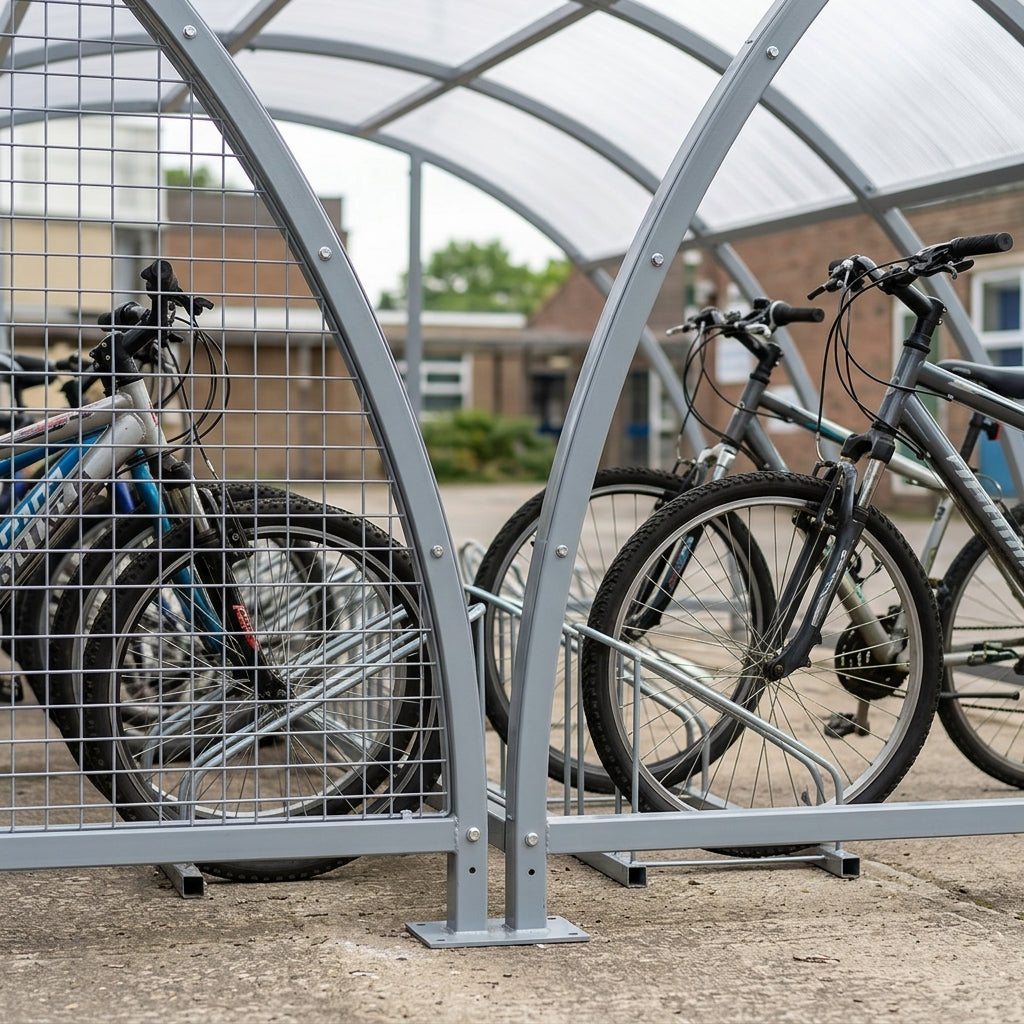 5.5m wide cycle compound shelter with mesh door & stands (view 2)