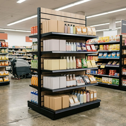 2.4m Wood Effect Wall Bay Display with 570mm Base Shelf