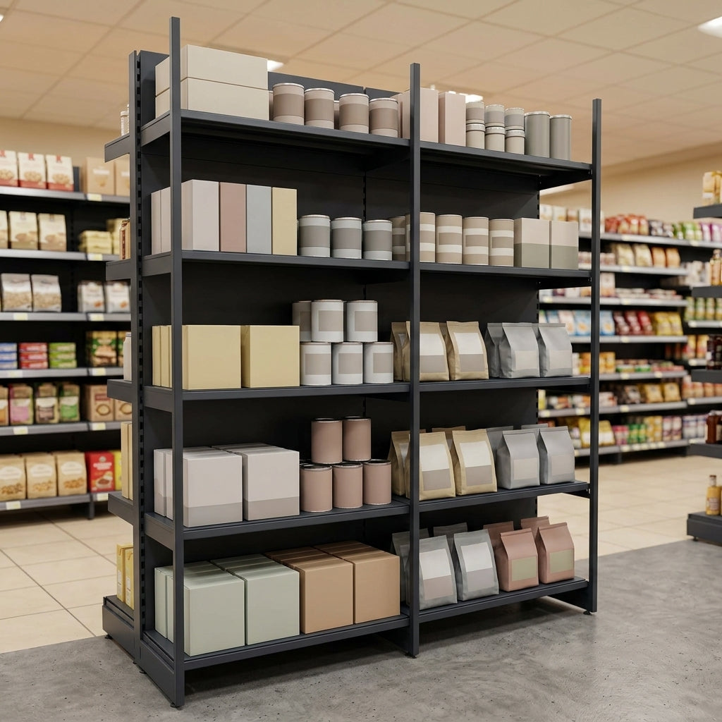 2.1m high double posted wall shelving bay, 5 × 370mm shelves