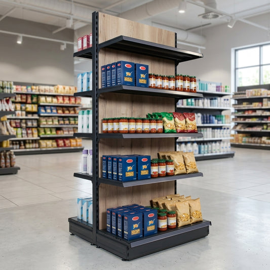 2.4m high double-sided wood effect gondola shelving bay