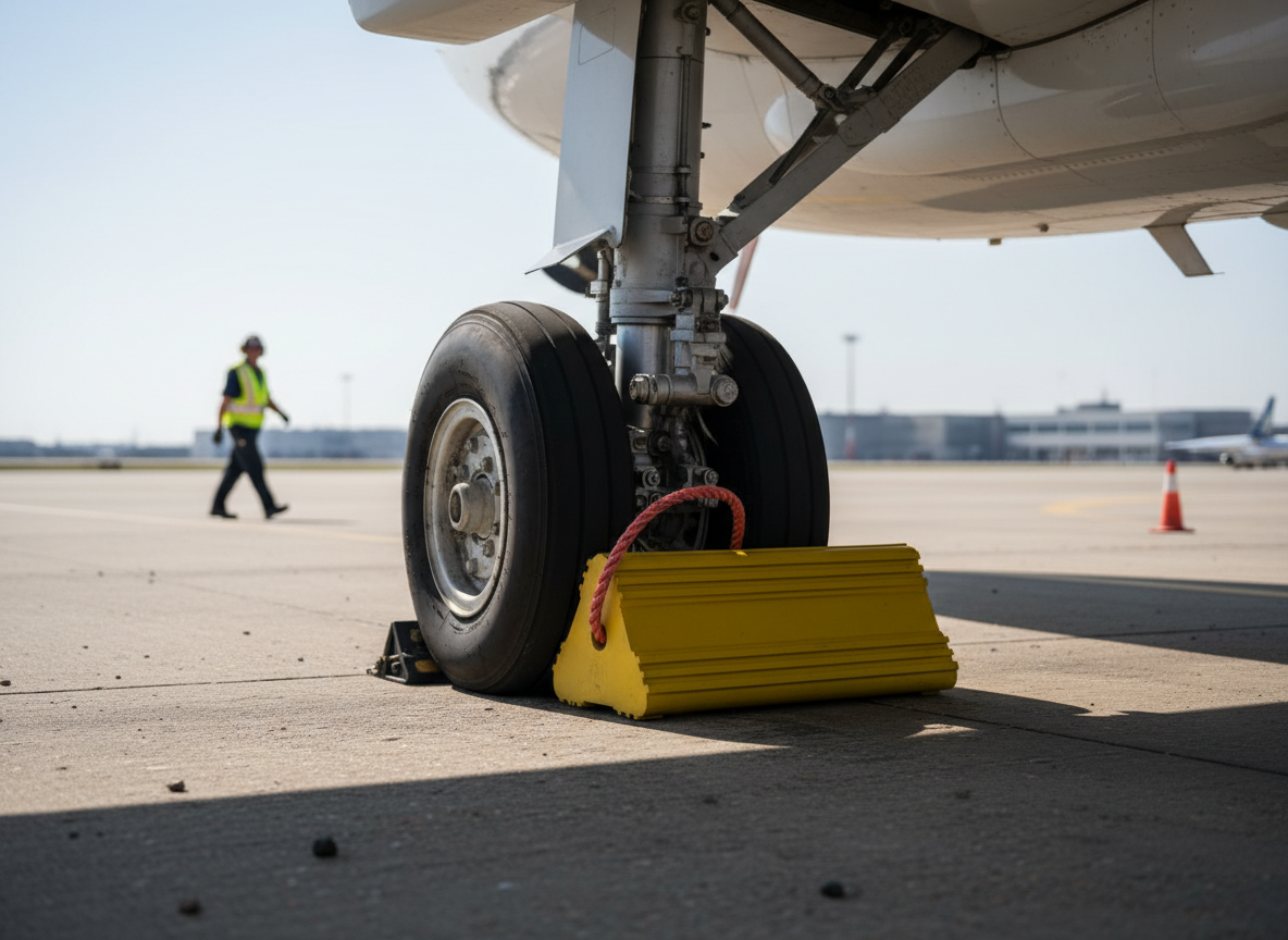Premium Durable Aircraft Wheel Chock with Reflective Tape and Carrying Rope - 175mm x 160mm x 500mm, Solid Rubber Construction