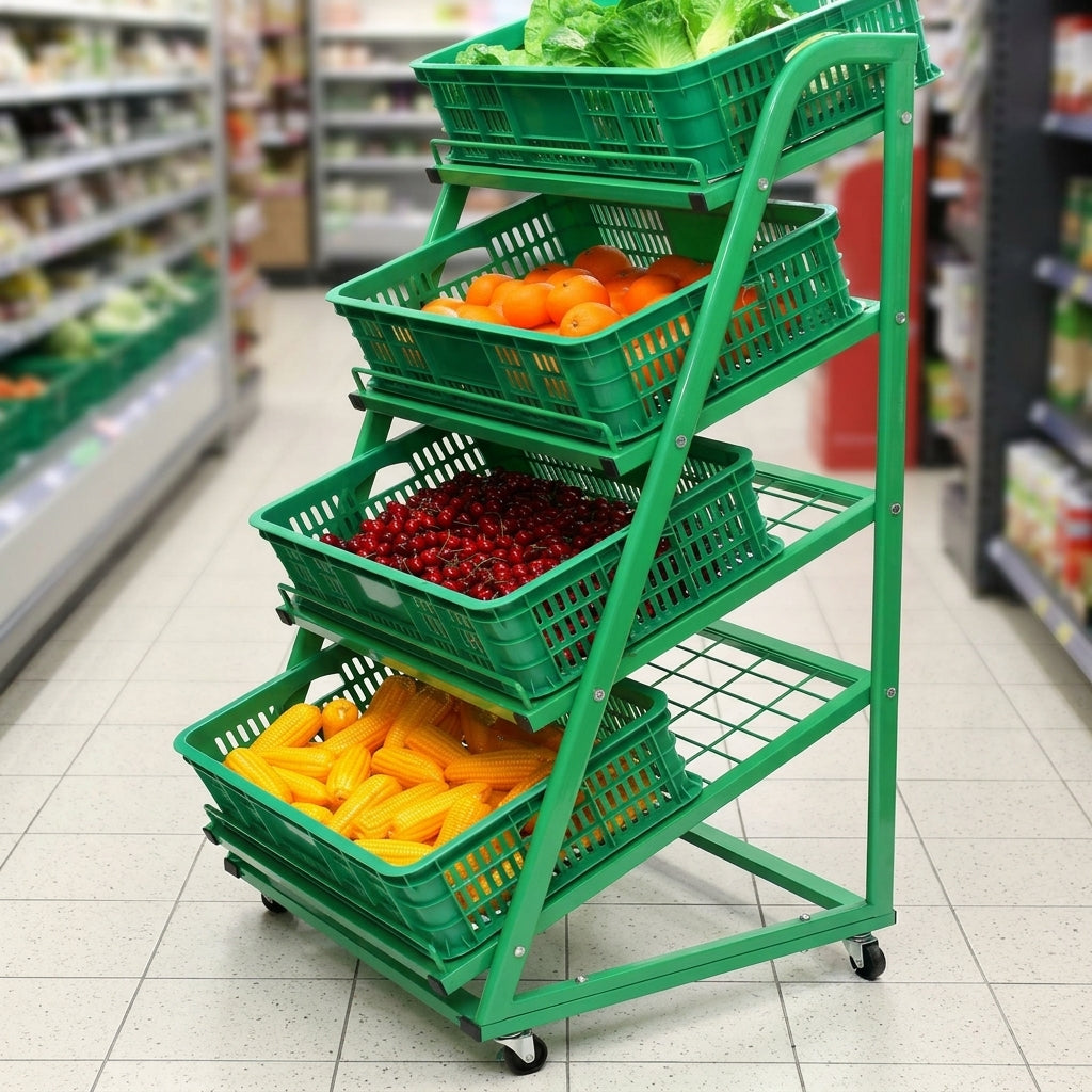 650mm 4-tier mobile fruit & veg display with green finish (view 2)