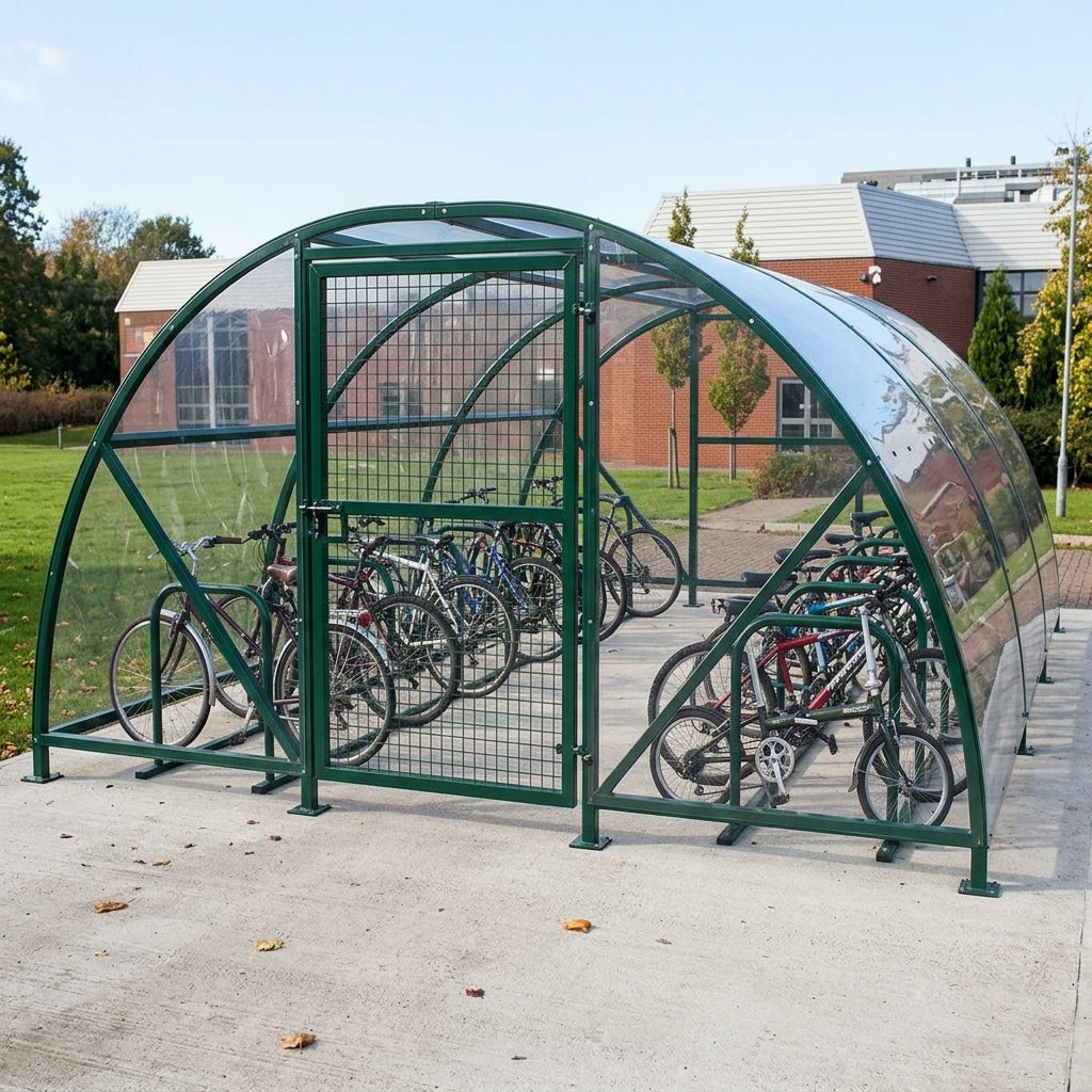 20-space cycle shelter compound with lockable gate and weather protection