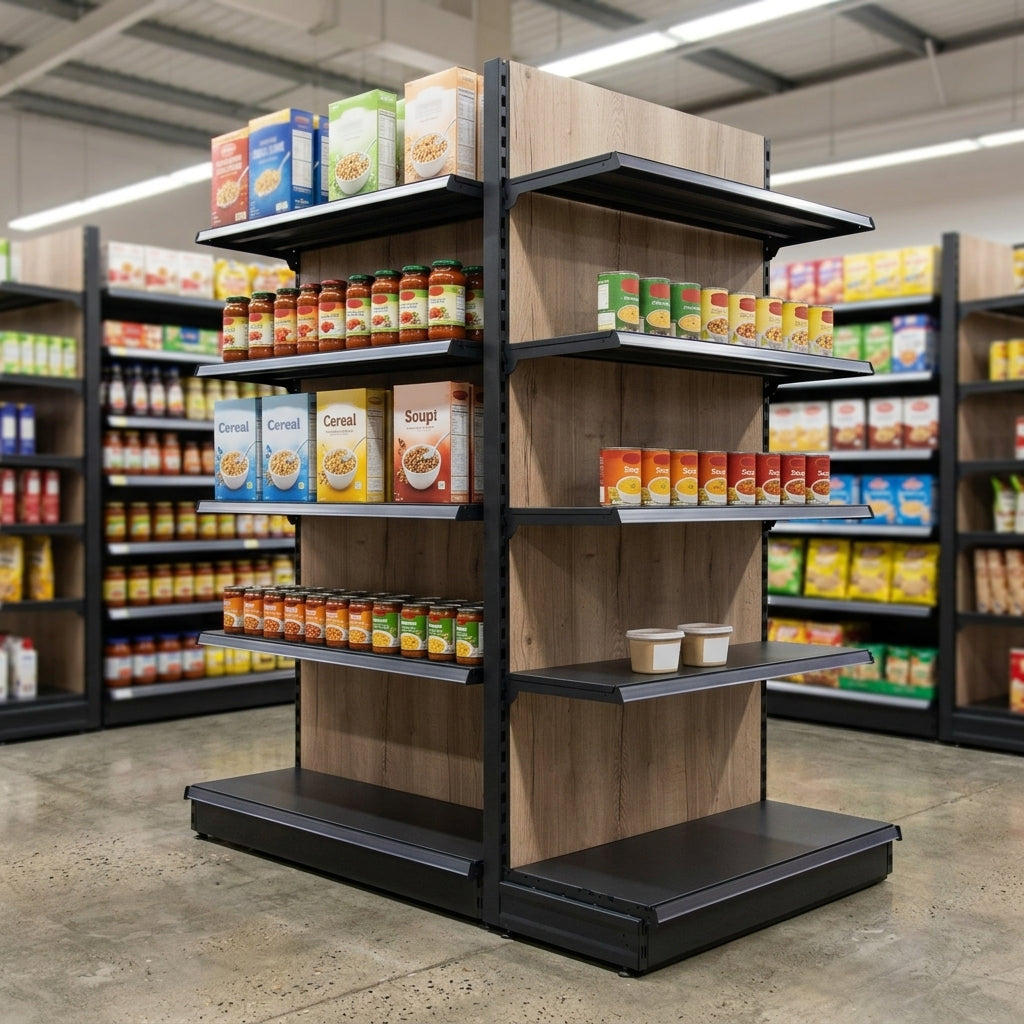2.1m High Double-Sided Gondola Bay with Wood-Effect Shelving