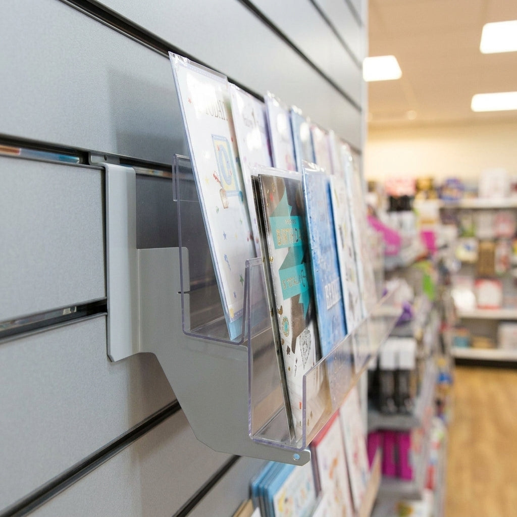Slatwall acrylic card shelf, 2-tier, 665–1250mm widths (view 2)