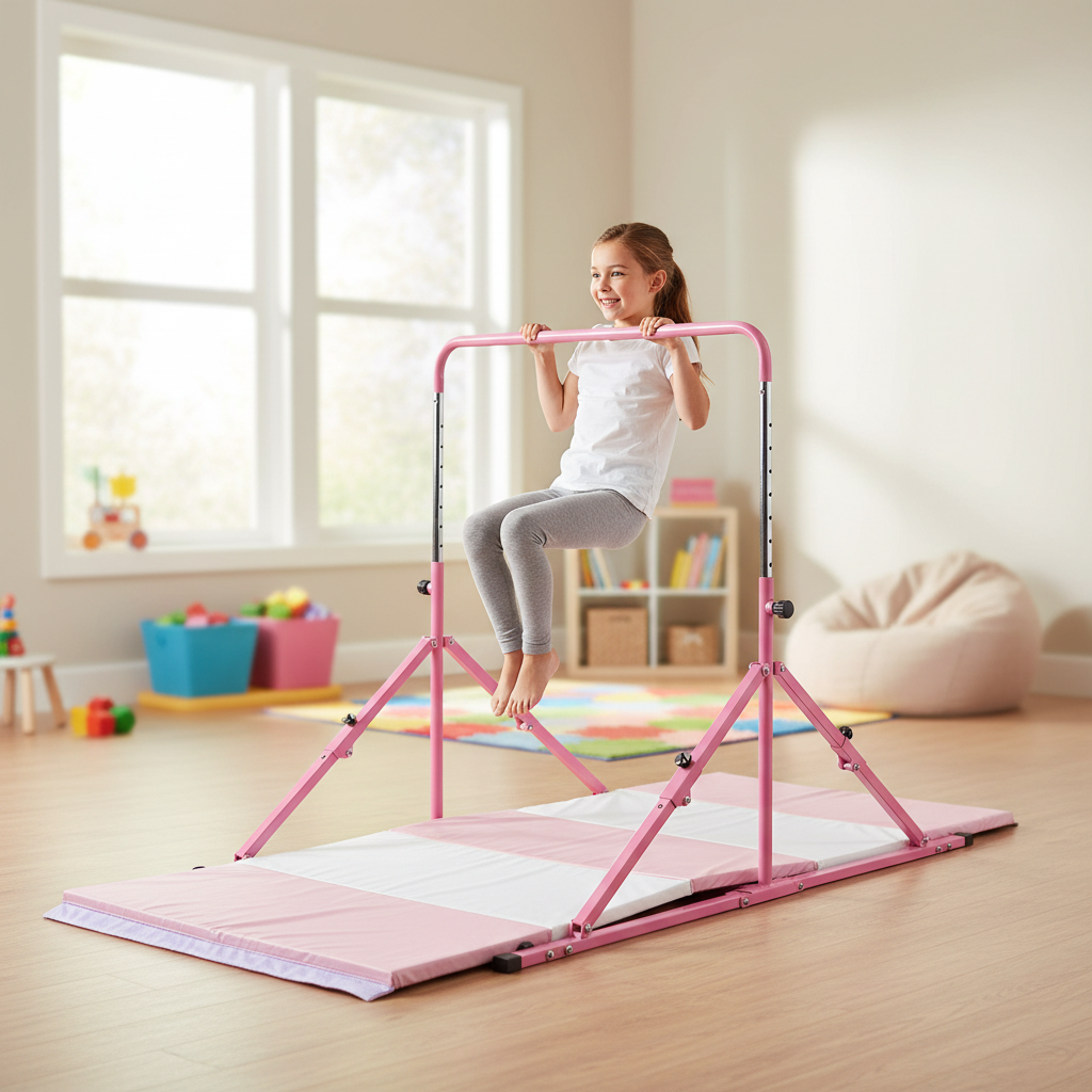 Premium Mini Folding Junior Gymnastics Bars Adjustable 84cm to 125cm with Safety Mat for Young Athletes