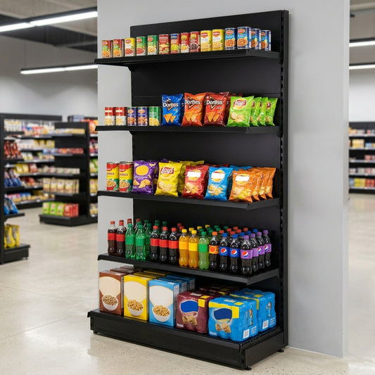 1.8m wall shelving bay, 370mm base, 300mm uppers, 500–1250mm wide