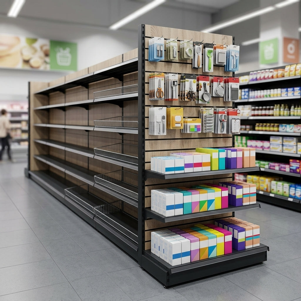 2.4m Wood Effect End Bay Display – 470mm Base Shelf