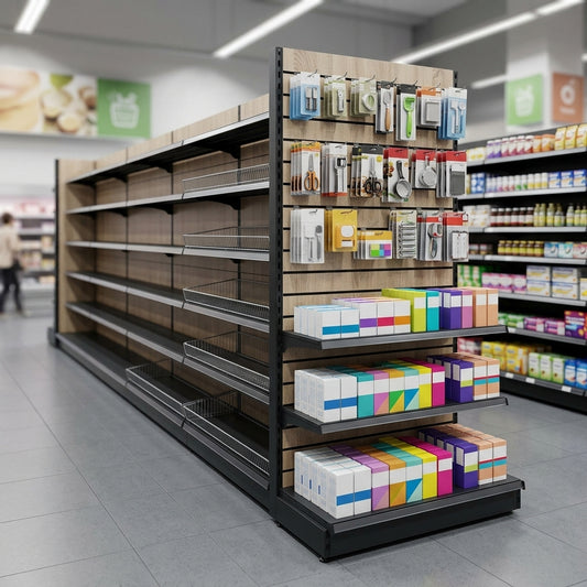2.4m Wood Effect End Bay Display – 470mm Base Shelf