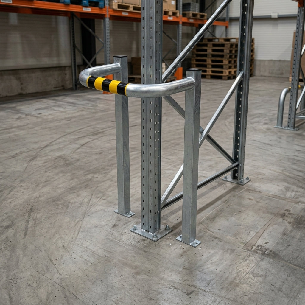 500×500mm column protector, galvanised steel with reflective bands