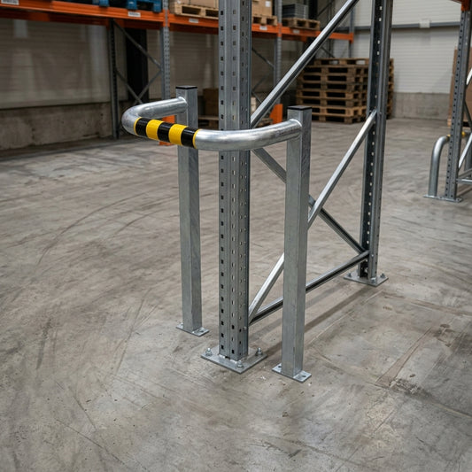 500×500mm column protector, galvanised steel with reflective bands