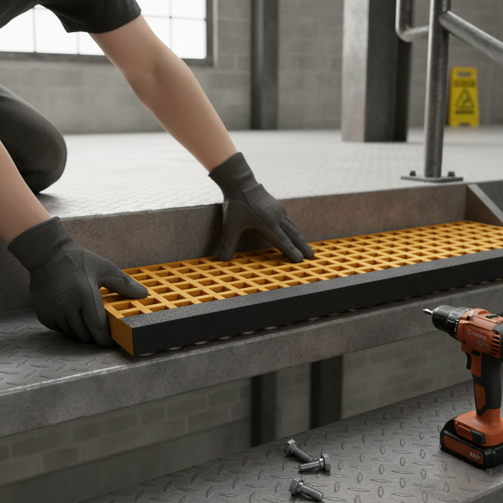 Heavy Duty Moulded Mesh Stair Tread with Non-Slip Surface and Corrosion Resistance - Yellow & Black Nosing
