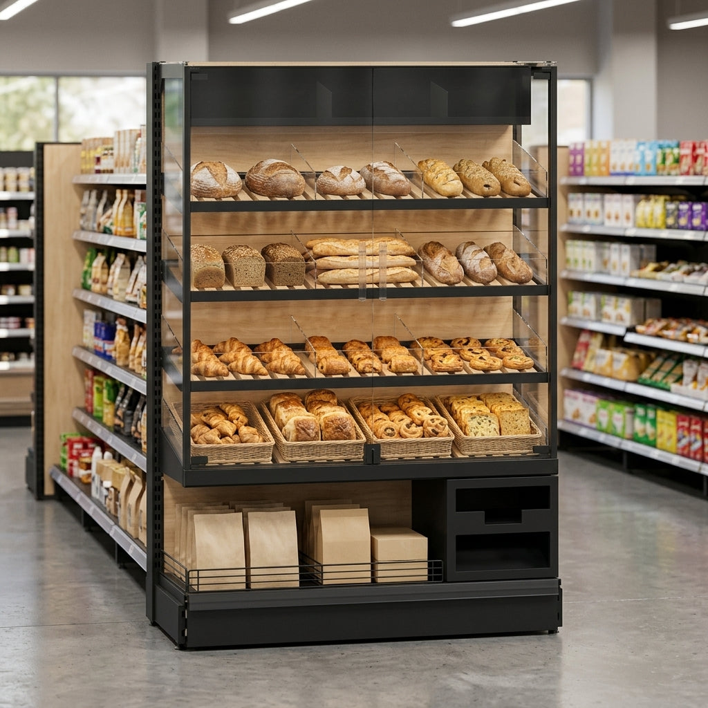 Bakery display unit with doors – modular retail shelving