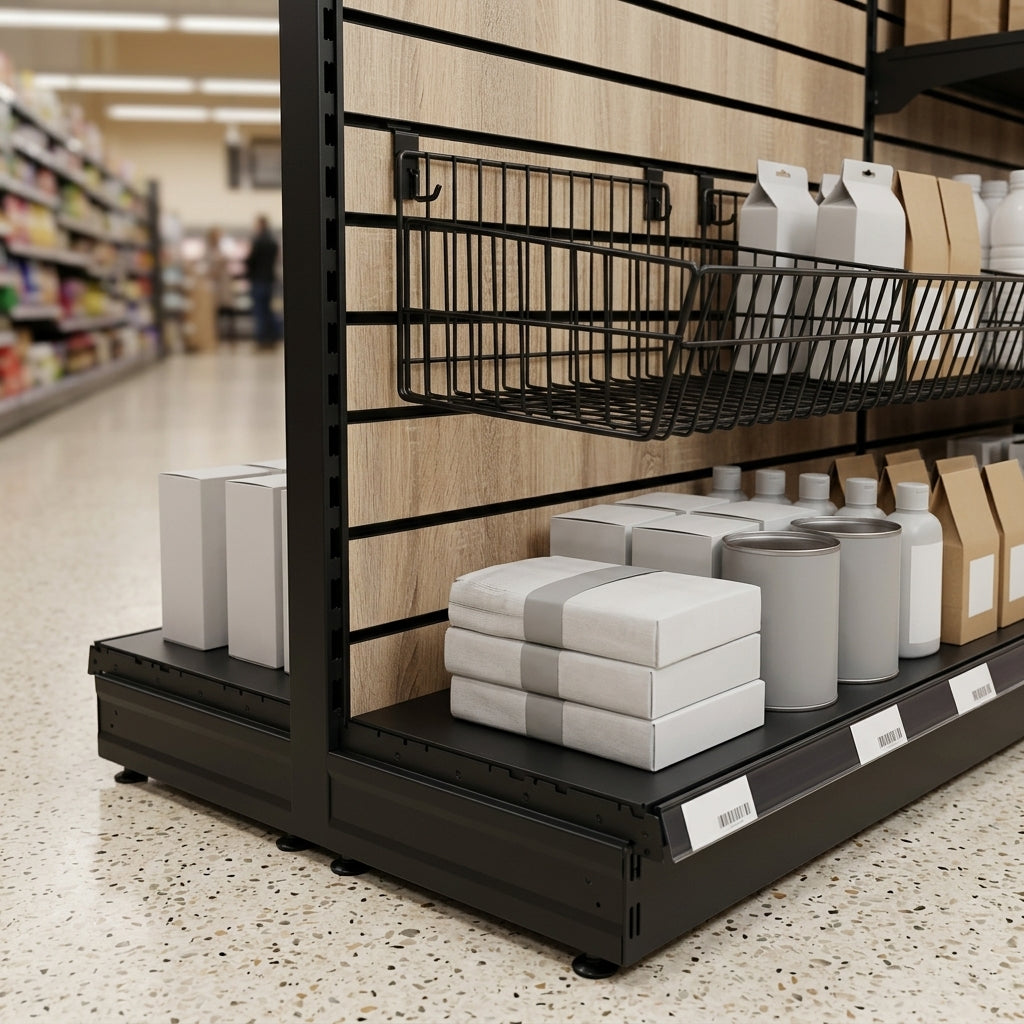 1.4m Wood Effect Wall Bay Display with 300mm Base Shelf (view 2)
