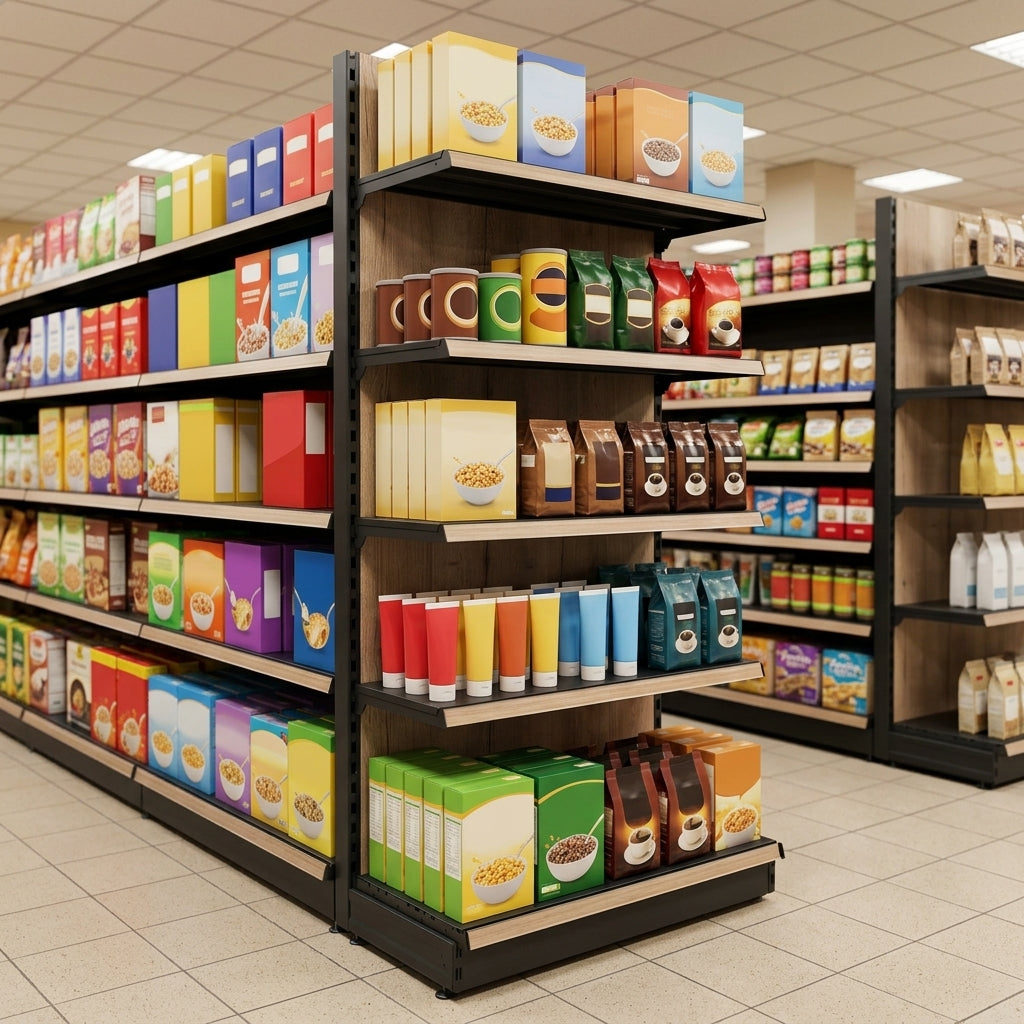 2.1m High Wood Effect Gondola Shelving Bay, 300mm Base Shelf