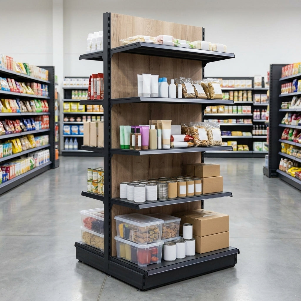 1.6m Double-Sided Gondola Shelving Bay with Wood-Effect Shelves