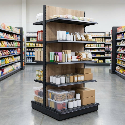 1.6m Double-Sided Gondola Shelving Bay with Wood-Effect Shelves
