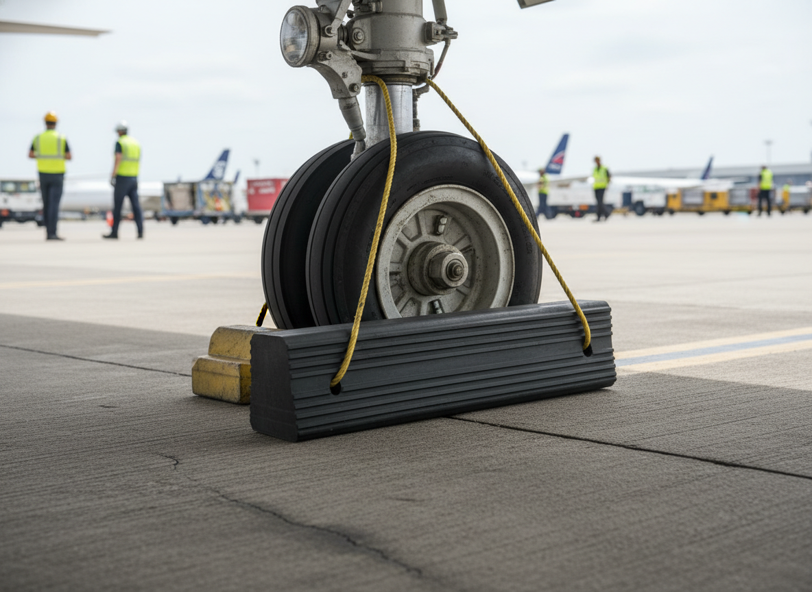 Premium Heavy Duty Aircraft Wheel Chock with Yellow Rope, 225 x 195 x 1000 mm, Ideal for Large Aircraft Safety