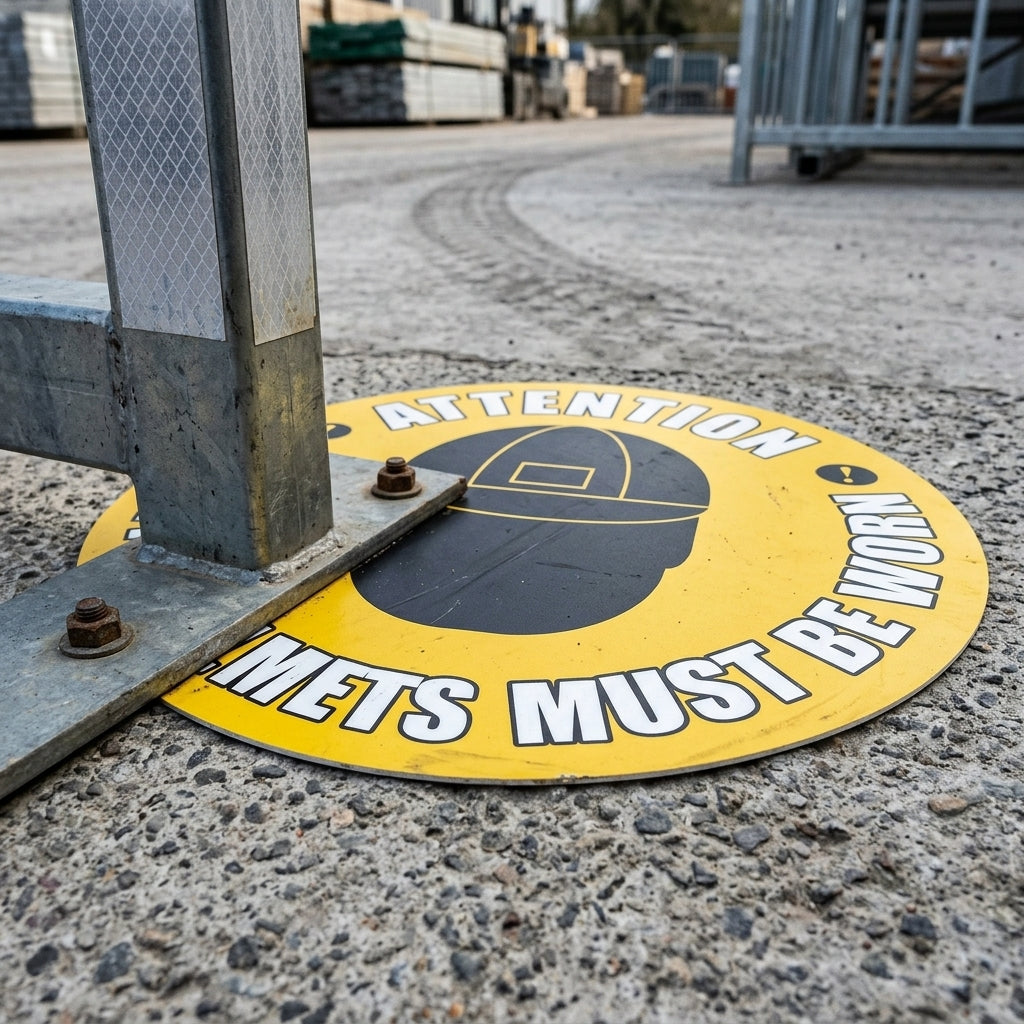 430mm floor safety sign – helmets must be worn (view 2)