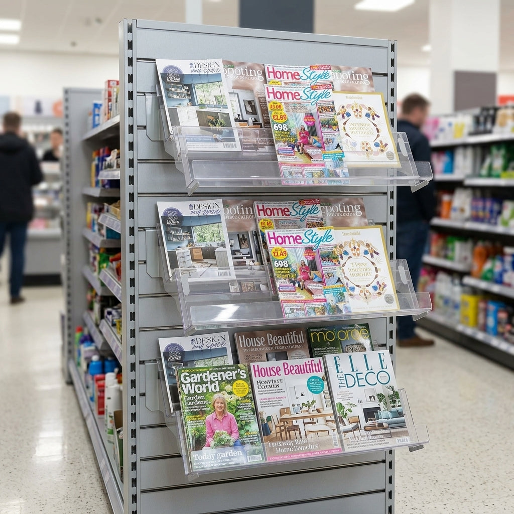 3-tier acrylic magazine shelf for slatwall panels