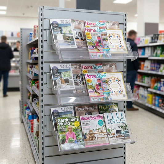 3-tier acrylic magazine shelf for slatwall panels