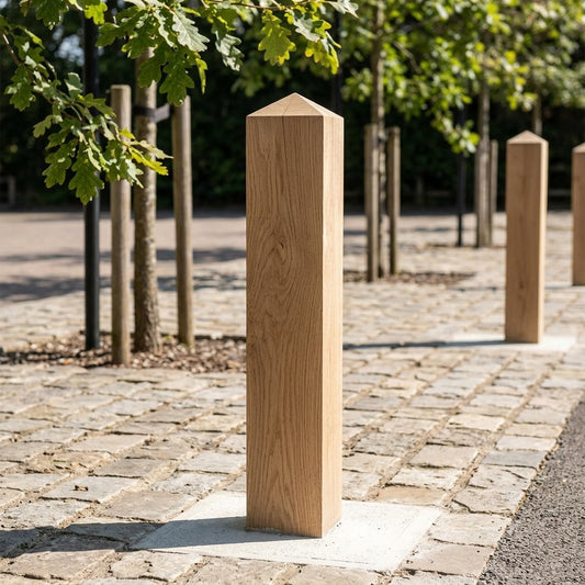 Solid oak timber bollard with half pyramid top