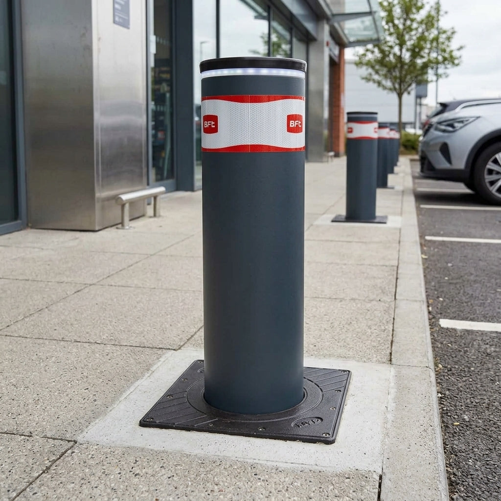 600–800mm fixed bollard with LED crown, 250kJ impact resistance