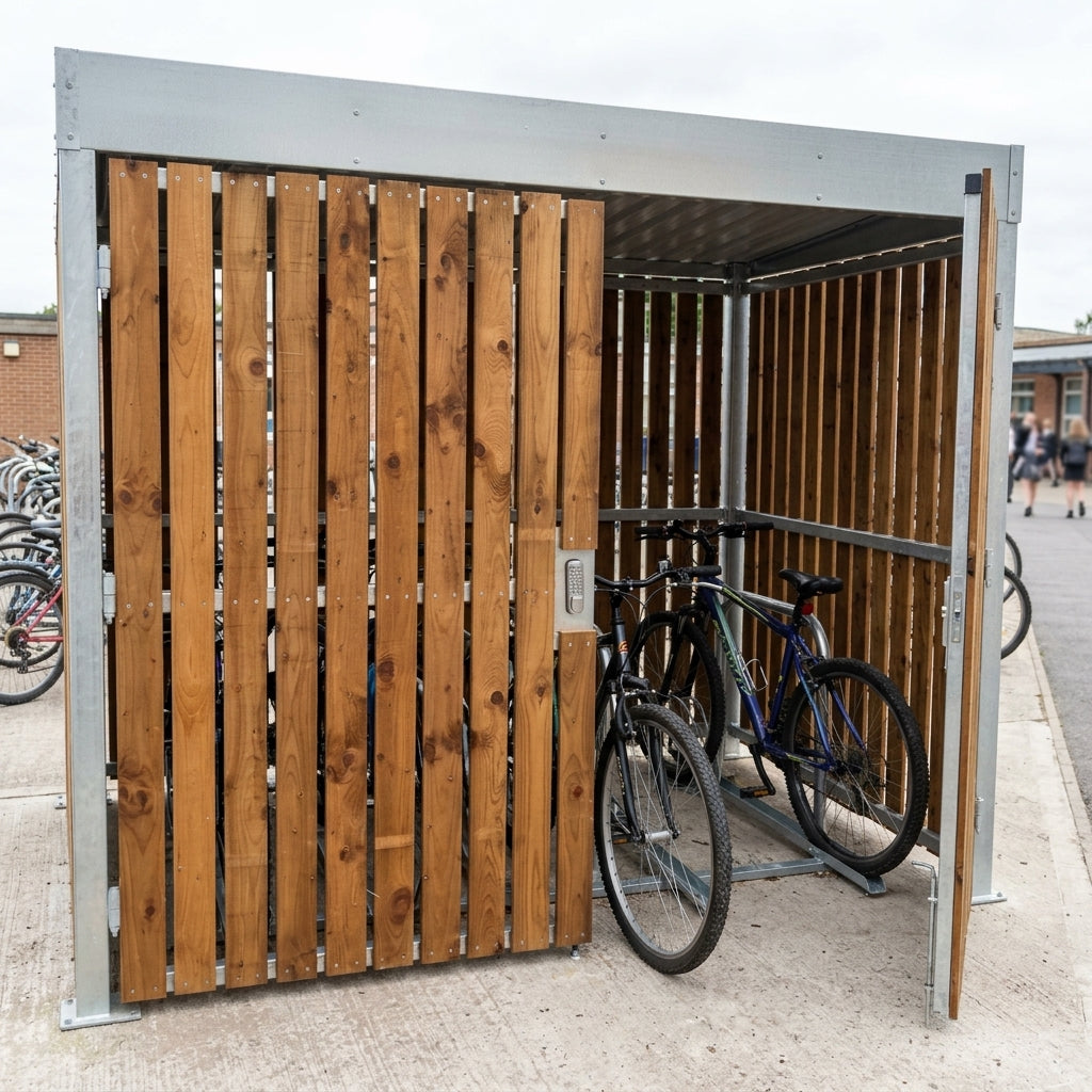 2650 × 1990mm timber cycle shelter, 6-bike capacity with gates