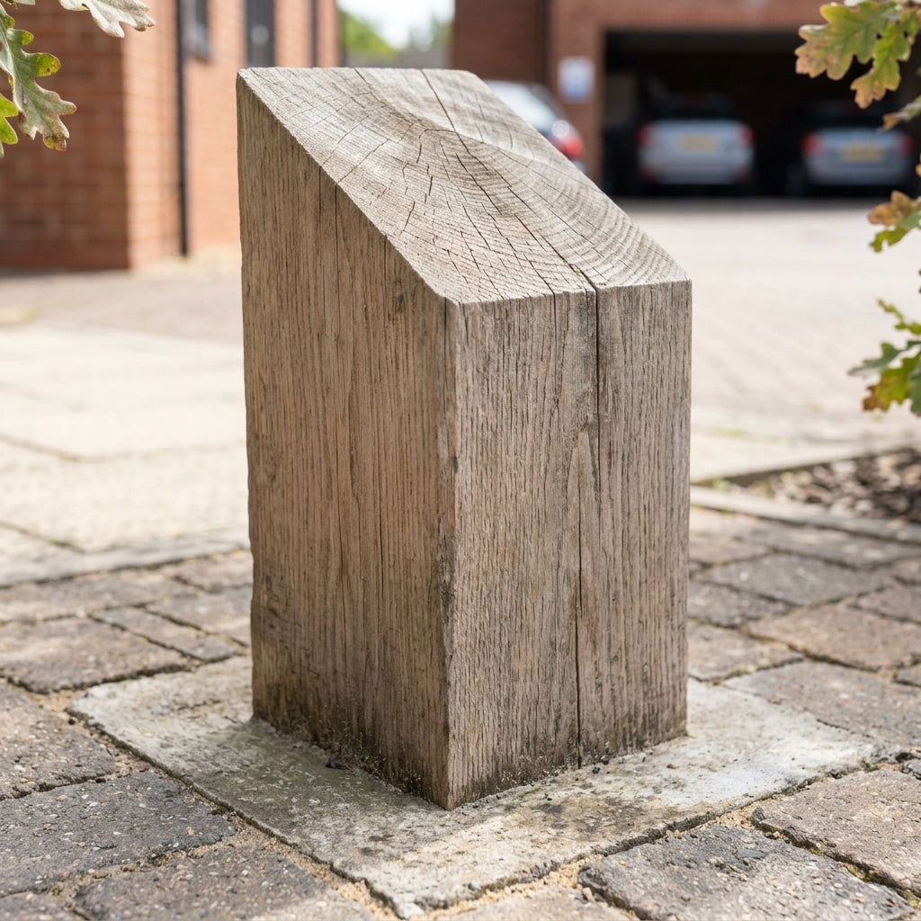 Solid oak timber bollard with weathered top finish (view 2)