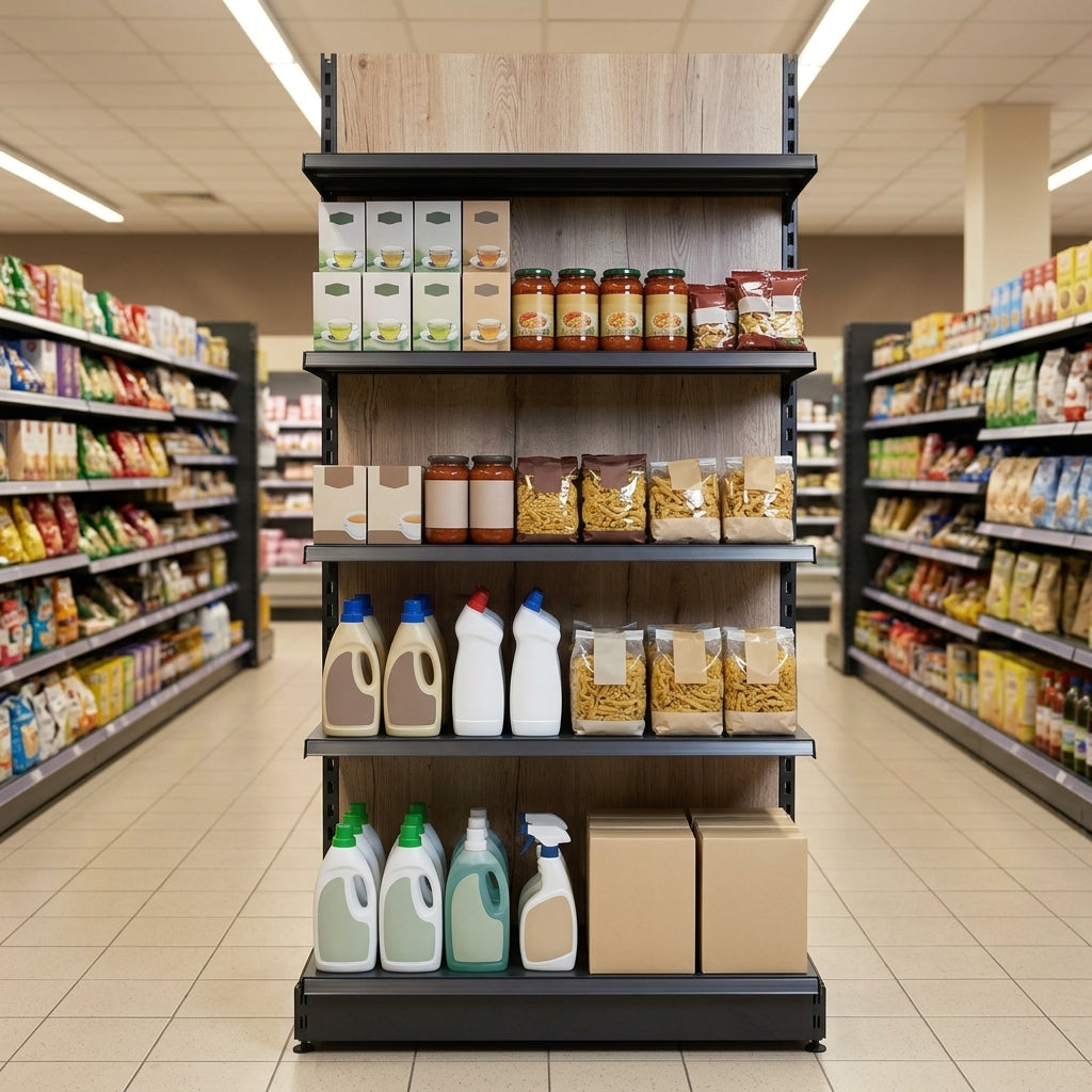 2.4m High Wood Effect Gondola Shelving Bay – 470mm Base