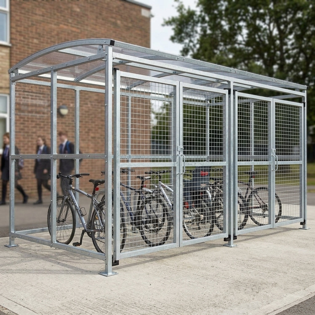 2m wide galvanised steel cycle shelter with mesh gates, 1–5m lengths