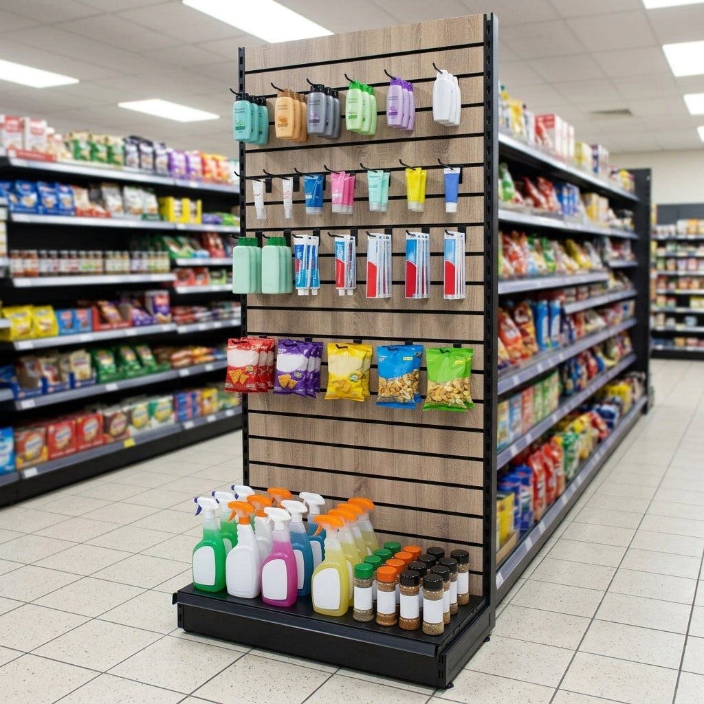 2.4m Wood Effect Wall Bay Display with 370mm Shelf