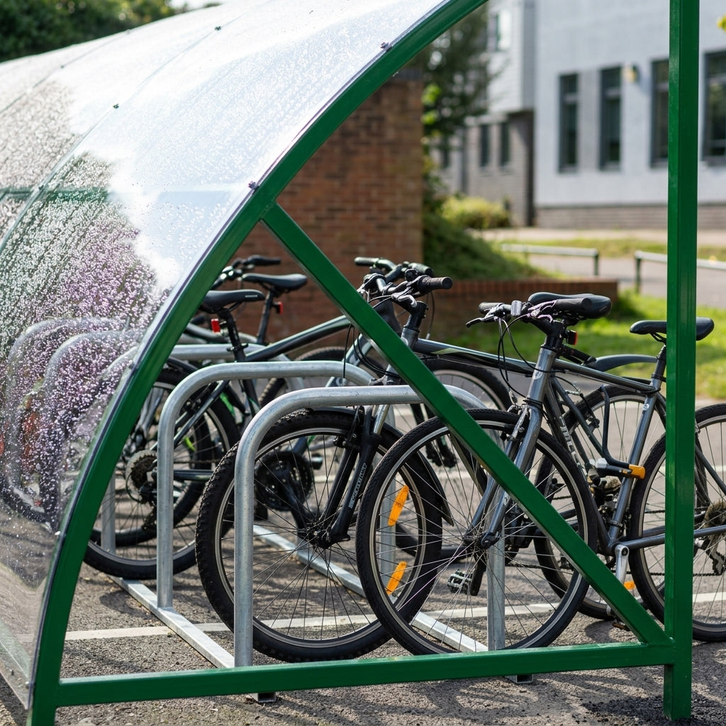 14-space cycle shelter, steel frame, PetG roof (view 2)