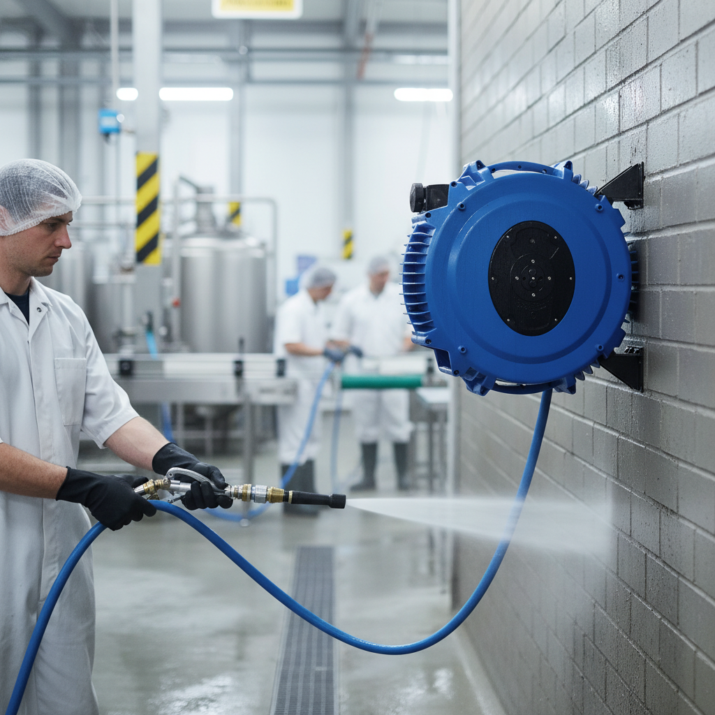 Premium Spring Rewind Hot Water Washdown Hose Reel with Stainless Steel Connections for Kitchens and Food Preparation Areas
