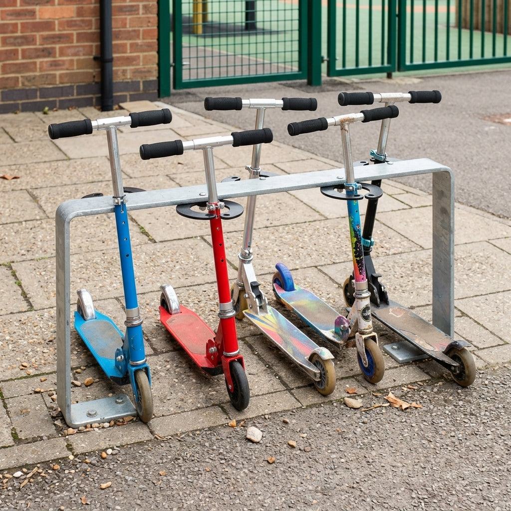 5-Space Scooter Parking Rack – Steel with Adjustable Clamps