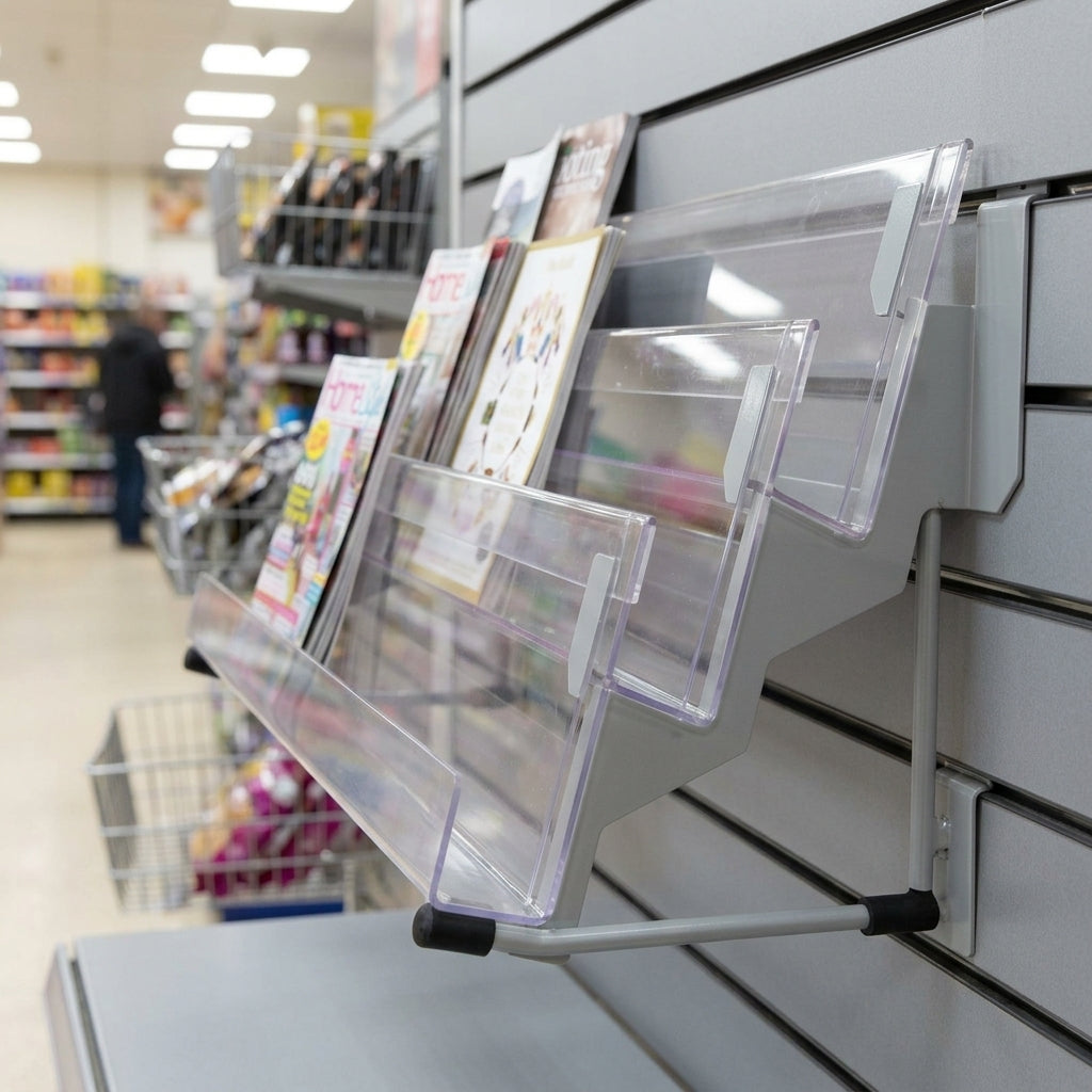 3-tier acrylic magazine shelf for slatwall panels (view 2)
